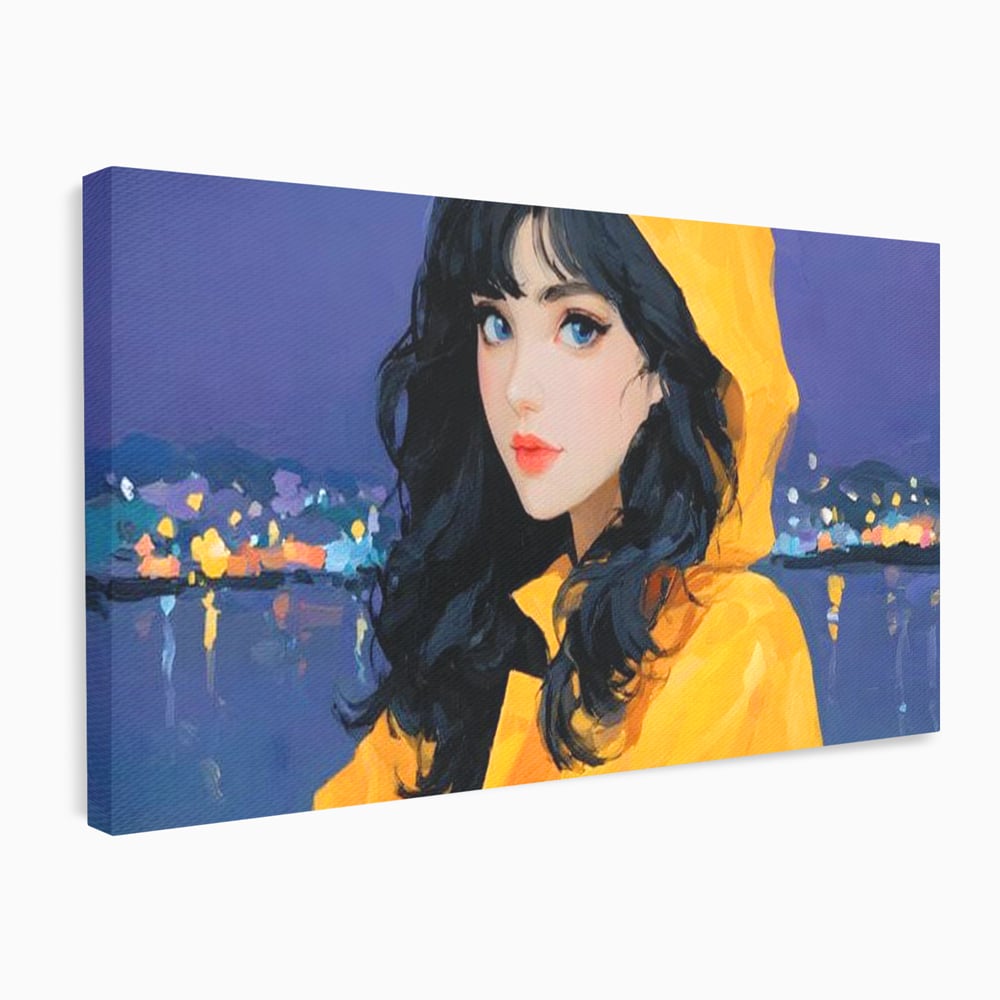 Tablou canvas cu tablou canvas cu femeie in pelerina galben, fara rama, pe sasiu de lemn